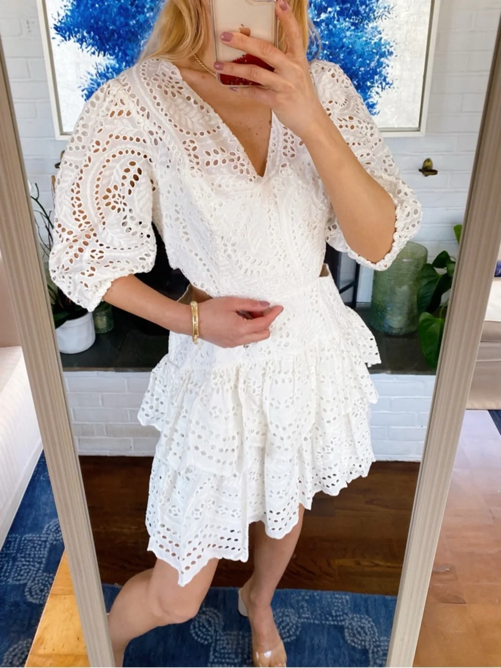 BCBGMaxAzria White Eyelet Puff Sleeve Cut Out Tiered Mini Dress! 🐚 - Picture 3 of 17